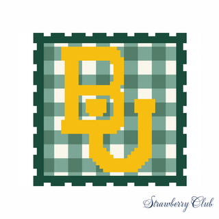 Baylor college stamp needlepoint canvas with gold BU on green gingham