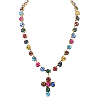 Glass Stone Cross Pendent Necklace - Dark Tone