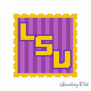 LSU college stamp needlepoint canvas with gold letters on purple stripes