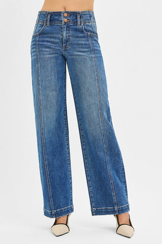 Risen Slouchy Baggy Double Button Jeans in Dark wash, front view showing double button waist and front seam detail