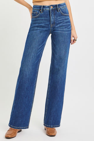 Risen Tummy Control High Rise Straight Leg Jeans in Dark wash, front view