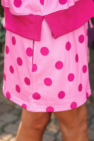Printed Terry Skort Set- Pink/Magenta Polka Dot