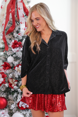 PREORDER- Prim Button Up Velvet Top- Black