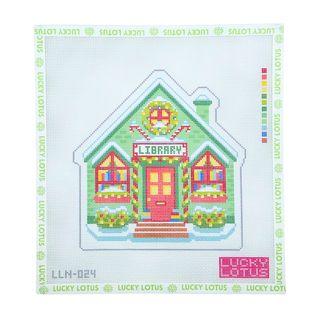 Library Christmas Village needlepoint canvas by Lucky Lotus Needlepoint