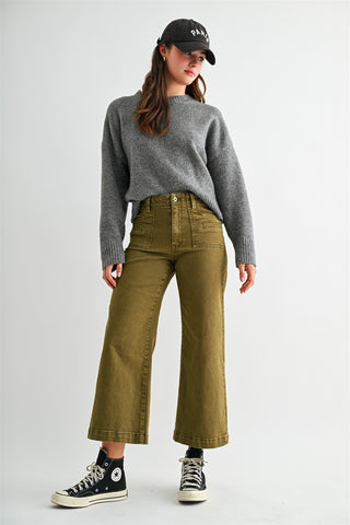 Mica Denim: High Rise Wide Leg Crop Jean Olive