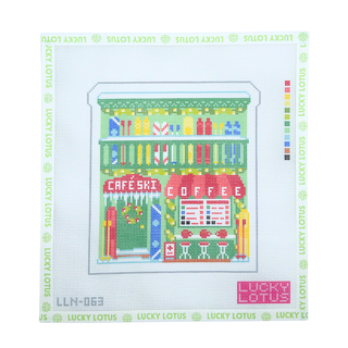 Ski Coffee Shop Christmas Village needlepoint canvas by Lucky Lotus Needlepoint