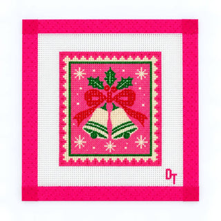 Duo Threads Jingle All the Way Bells needlepoint canvas, 18 mesh mini design of cream and green Christmas bells with a red bow and holly on a pink postage stamp background