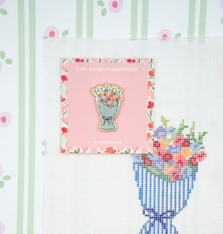 Lake Shore Needlepoint Flower Bouquet magnetic needle minder with blue-striped wrapping