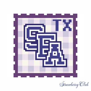 SFA college stamp needlepoint canvas with purple letters on gingham