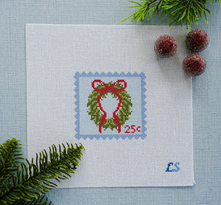 Lake Shore Needlepoint Blue Holiday Wreath Postage Stamp needlepoint canvas