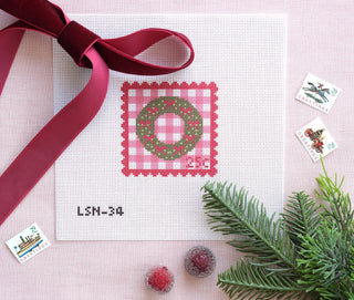 Lake Shore Needlepoint Pink Holiday Wreath Postage Stamp needlepoint canvas