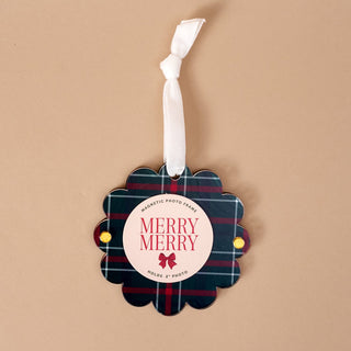 The Darling Effect Scalloped Round Picture Frame Ornament in Evergreen Plaid with ribbon