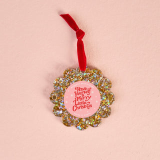 The Darling Effect Scalloped Round Picture Frame Ornament in Gold Glitter with ribbon
