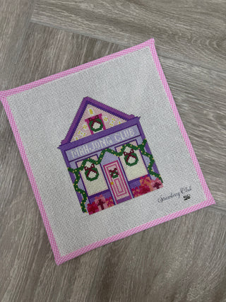 Purple Mahjong Club Christmas house needlepoint canvas with garland, wreaths and pink door, 18 mesh