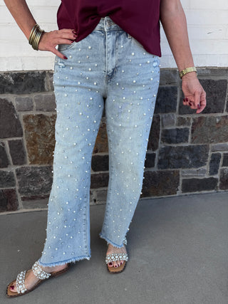 Mica Denim: High Rise Wide Leg Crop Jean Embellished