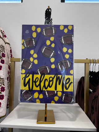 Dk Designs: Welcome Purple + Gold Garden Flag