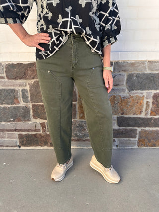 Mica Denim: High Rise Dark Fern Barrel Jean