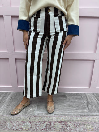 Mica Denim: Striped Super High Cropped Wide Leg Brown