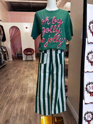 Mica Denim: Striped Super High Cropped Wide Leg Pant - Green