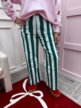 Mica Denim: Striped Super High Cropped Wide Leg Pant - Green