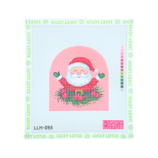 Merry Santa needlepoint canvas, smiling Santa with greenery and berries on pink