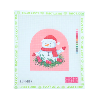 Merry Snowman needlepoint canvas, cheerful snowman with greenery and berries on pink
