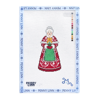 Marie & Maxwell Chinoiserie Mrs. Claus - Red needlepoint canvas, 18 mesh hand-painted design of Mrs. Claus in a red chinoiserie dress