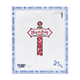 Marie & Maxwell Chinoiserie North Pole - Red needlepoint canvas, 18 mesh hand-painted design of a red chinoiserie North Pole sign post