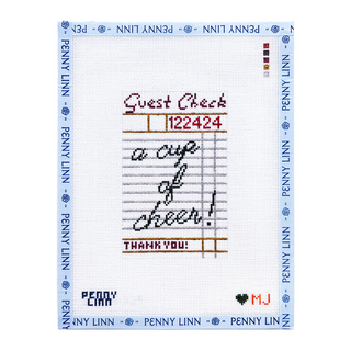 Mason June Cup of Cheer Guest Check needlepoint canvas, 18 mesh hand-painted design of a diner guest check reading a cup of cheer