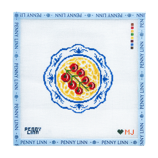 Mason June Tomatoes and Noodles on Blue Plate needlepoint canvas, 18 mesh hand-painted design of tomatoes and noodles on a blue and white plate