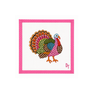 Duo Threads Pretty in Plumage Turkey needlepoint canvas in pink, blue, green, orange and brown