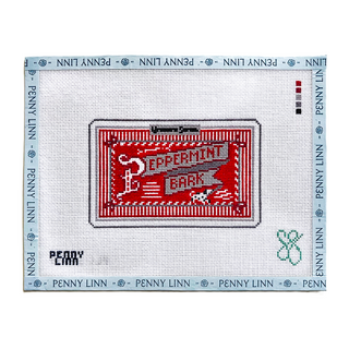 SG Designs Peppermint Bark needlepoint canvas, 18 mesh hand-painted design of a red box of peppermint bark