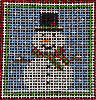 Purple Palm Designs Snowman kids needlepoint kit canvas: snowman in a black top hat and plaid scarf with a red and green border