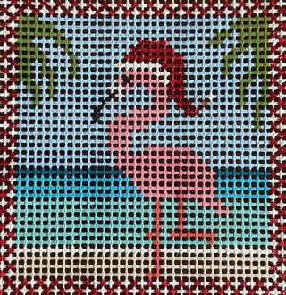 Purple Palm Designs Flamingo Fun kids needlepoint kit canvas: pink flamingo in a red hat by the water with palm fronds and a red border