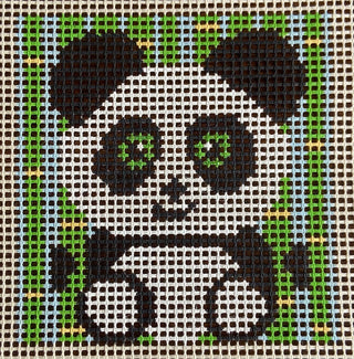 Purple Palm Designs Ming Panda kids needlepoint kit canvas: black and white panda sitting between green bamboo stalks