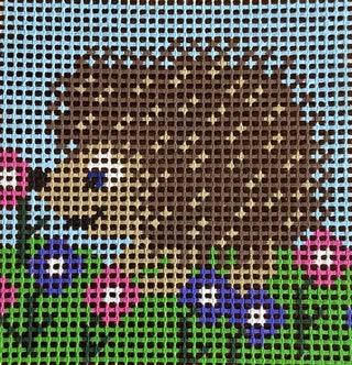 Purple Palm Designs Hedgie kids needlepoint kit canvas: brown hedgehog among pink and purple flowers on green grass