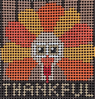 Purple Palm Designs Thankful Turkey kids needlepoint kit canvas: turkey with orange, red and yellow tail feathers above the word THANKFUL