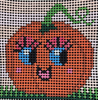 Purple Palm Designs Punkin kids needlepoint kit canvas: smiling orange pumpkin with big blue eyes, pink cheeks and a green vine
