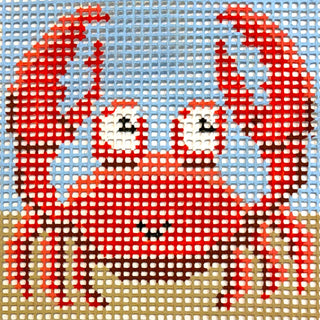 Purple Palm Designs Crabbie Sheldon kids needlepoint kit canvas: red crab with raised claws and a smile on sand under a blue sky