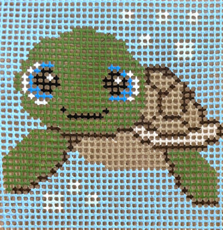Purple Palm Designs Myrtle Turtle kids needlepoint kit canvas: smiling green sea turtle with big blue eyes on a light blue background