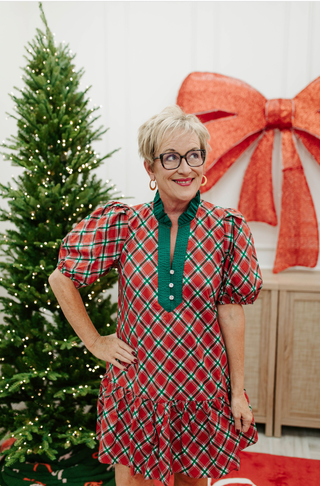 All Is Merry Dress, a plaid puff sleeve mini dress with contrast ruffle collar