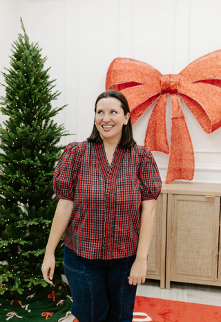 Home For The Holidays Top in red, a plaid puff sleeve top with ruffled V-neck