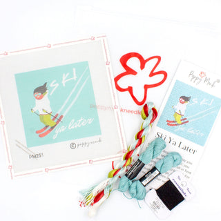 Poppy Monk Ski Ya Later needlepoint canvas shown with kit threads, a skier on a light blue background
