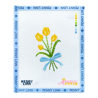 The Angelic Stitch Yellow Tulips needlepoint canvas, 18 mesh hand-painted design of a bouquet of yellow tulips tied with a blue bow