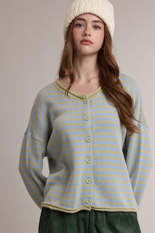 Wishlist Rolled Edge Striped Cardigan in Sage & Blue with sage and light blue horizontal stripes, sage rolled edges at the neckline and hem, and a sage button front