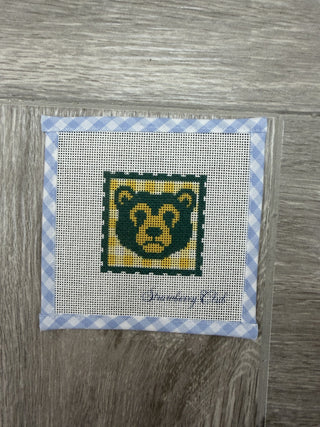 Baylor Bear bag tag needlepoint canvas with green and gold bear face stamp