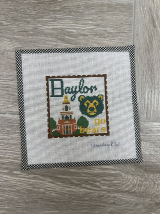 Baylor Icons stamp needlepoint canvas with script Baylor, green and gold bear, campus tower and go bears