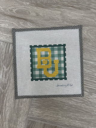 Baylor stamp needlepoint canvas with gold BU on green gingham, 18 mesh