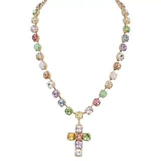 Glass Stone Cross Pendent Necklace - Light Tone