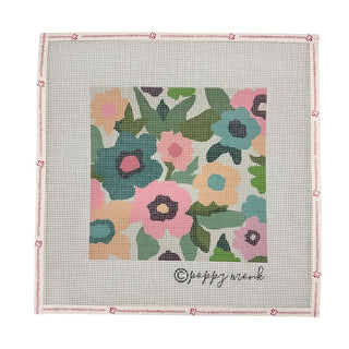 Poppy Monk Flower Bed needlepoint canvas with pastel pink, green and peach florals on a pale background